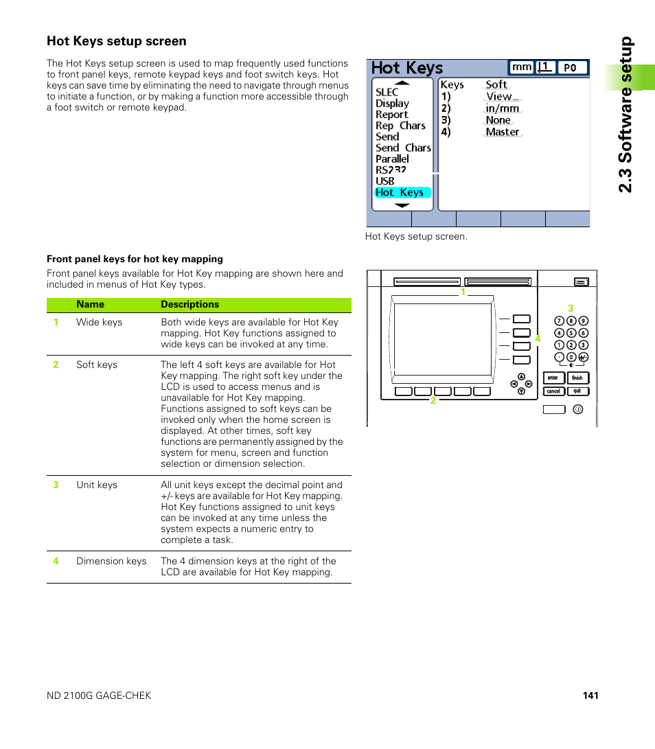 Hot keys setup screen, Front panel keys for hot key mapping, 3 s o ft wa re s e tu p | HEIDENHAIN ND 2100G User Manual | Page 141 / 279