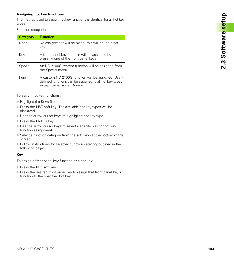 Assigning hot key functions, 3 s o ft wa re s e tu p | HEIDENHAIN ND 2100G User Manual | Page 143 / 279