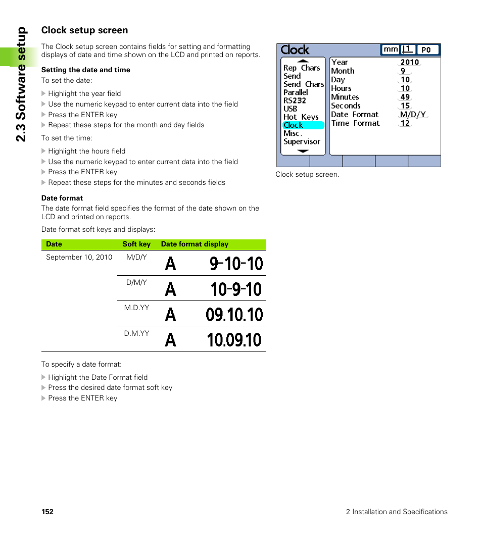 Clock setup screen, Setting the date and time, Date format | 3 s o ft wa re s e tu p | HEIDENHAIN ND 2100G User Manual | Page 152 / 279