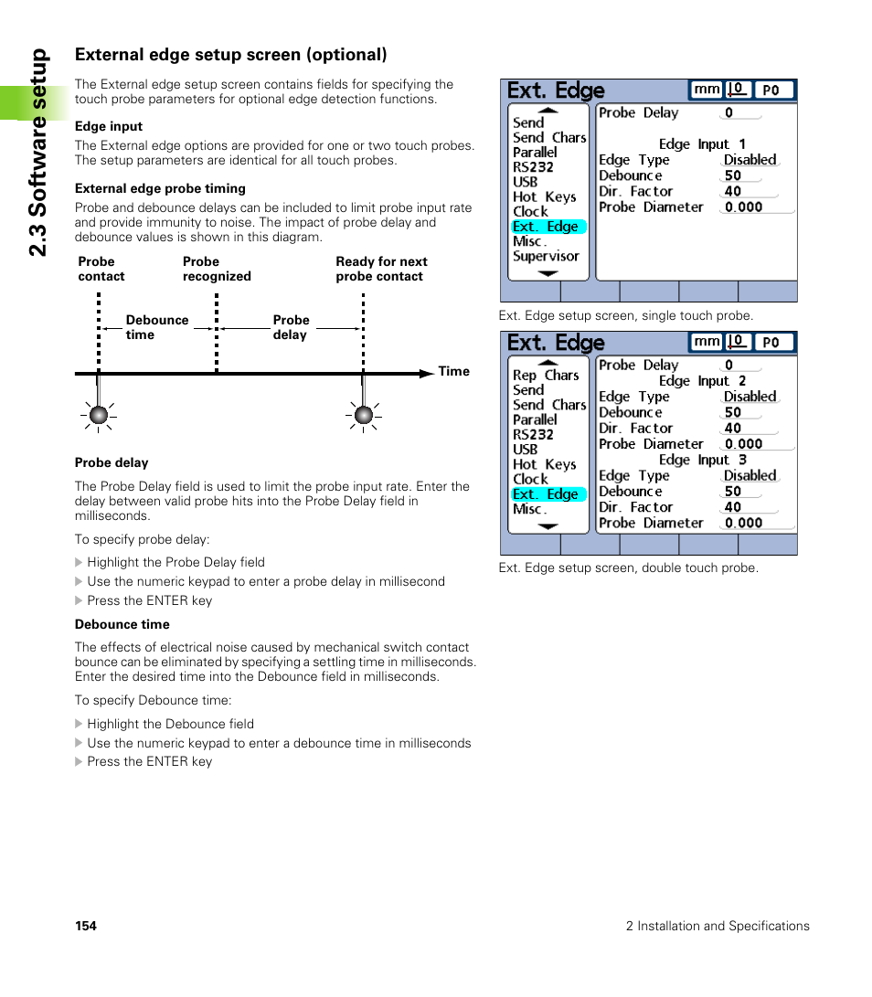 External edge setup screen (optional), Edge input, External edge probe timing | 3 s o ft wa re s e tu p | HEIDENHAIN ND 2100G User Manual | Page 154 / 279