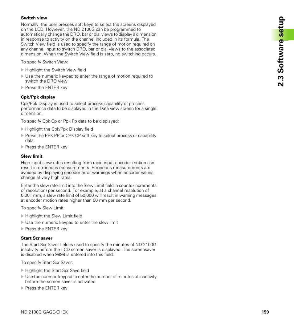 Switch view, Cpk/ppk display, Slew limit | Start scr saver, 3 s o ft wa re s e tu p | HEIDENHAIN ND 2100G User Manual | Page 159 / 279