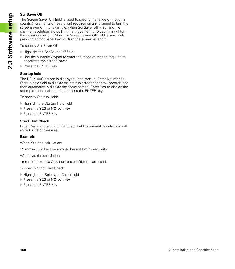 Scr saver off, Startup hold, Strict unit check | 3 s o ft wa re s e tu p | HEIDENHAIN ND 2100G User Manual | Page 160 / 279