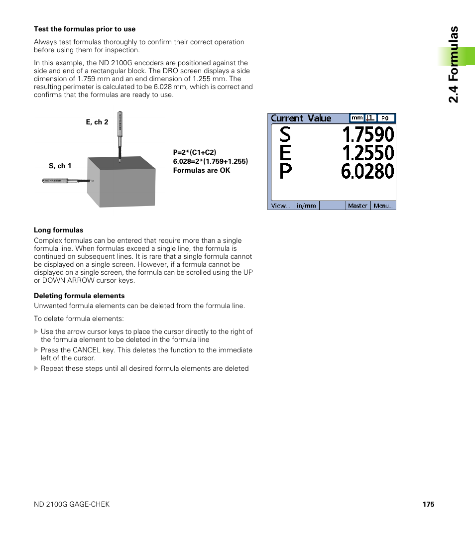 Long formulas, Deleting formula elements, 4 f o rm ulas | HEIDENHAIN ND 2100G User Manual | Page 175 / 279