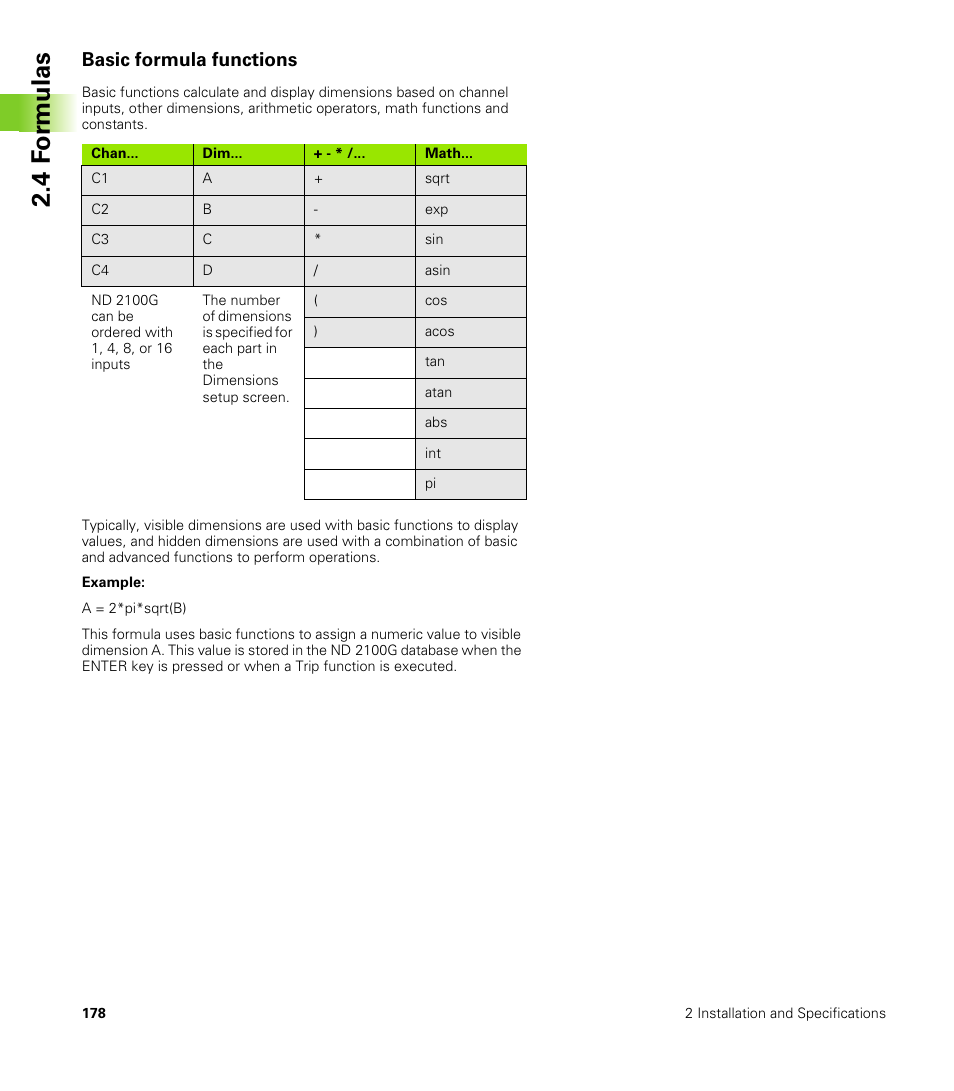 Basic formula functions, 4 f o rm ulas | HEIDENHAIN ND 2100G User Manual | Page 178 / 279