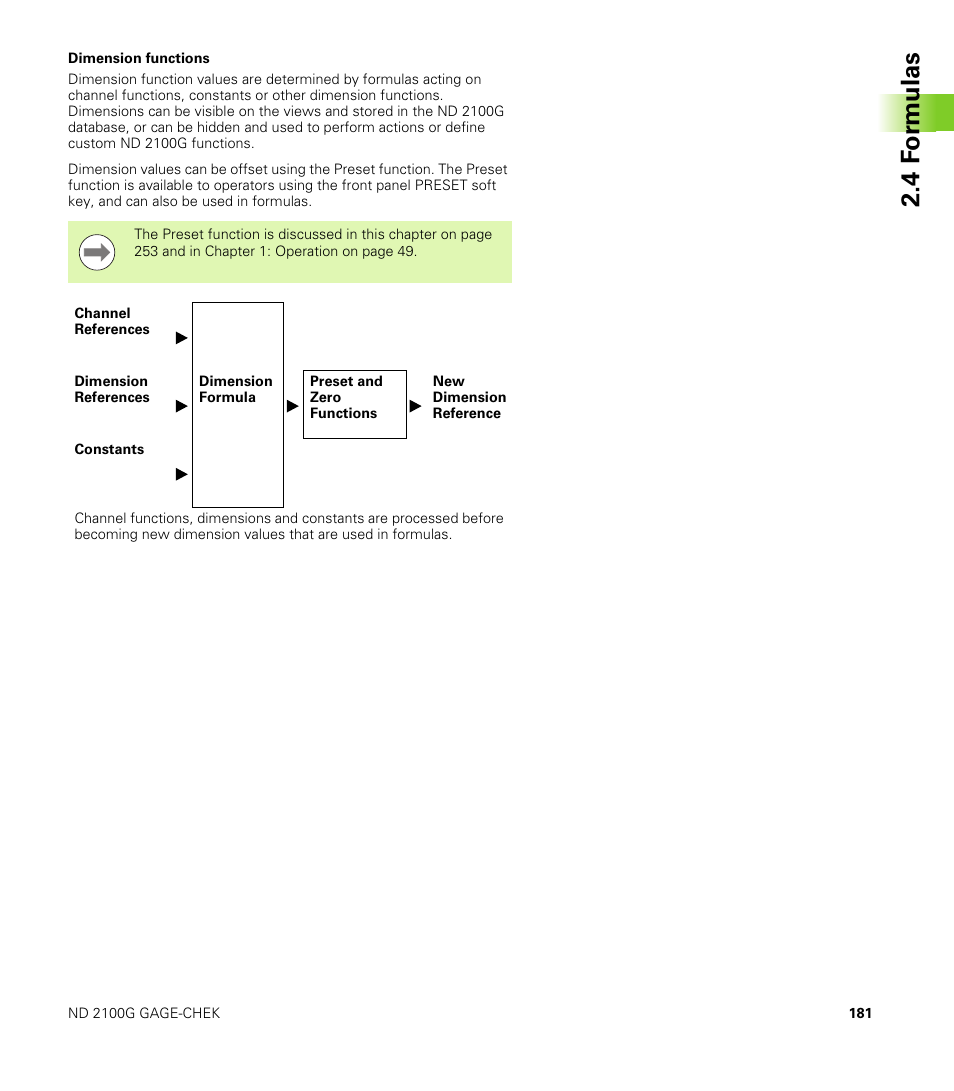 Dimension functions, 4 f o rm ulas | HEIDENHAIN ND 2100G User Manual | Page 181 / 279