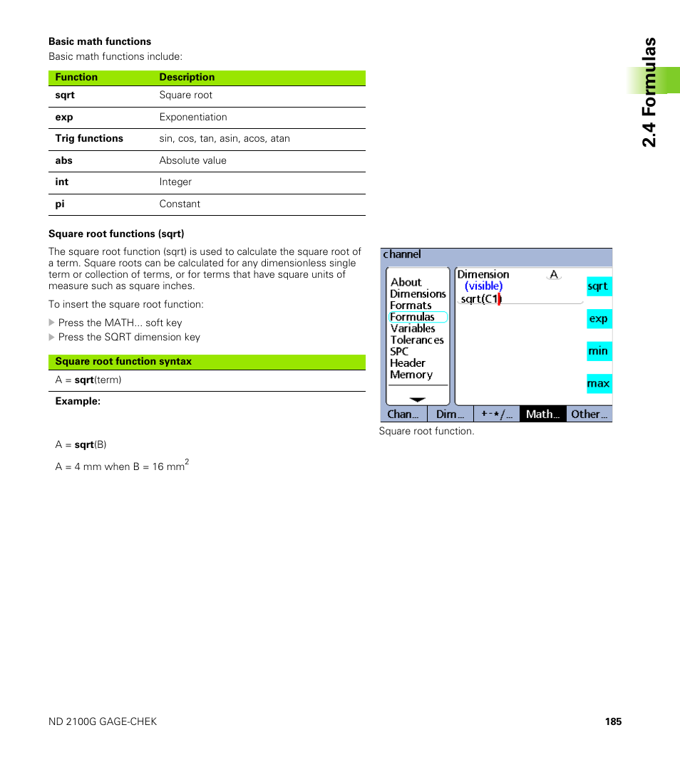 Basic math functions, 4 f o rm ulas | HEIDENHAIN ND 2100G User Manual | Page 185 / 279