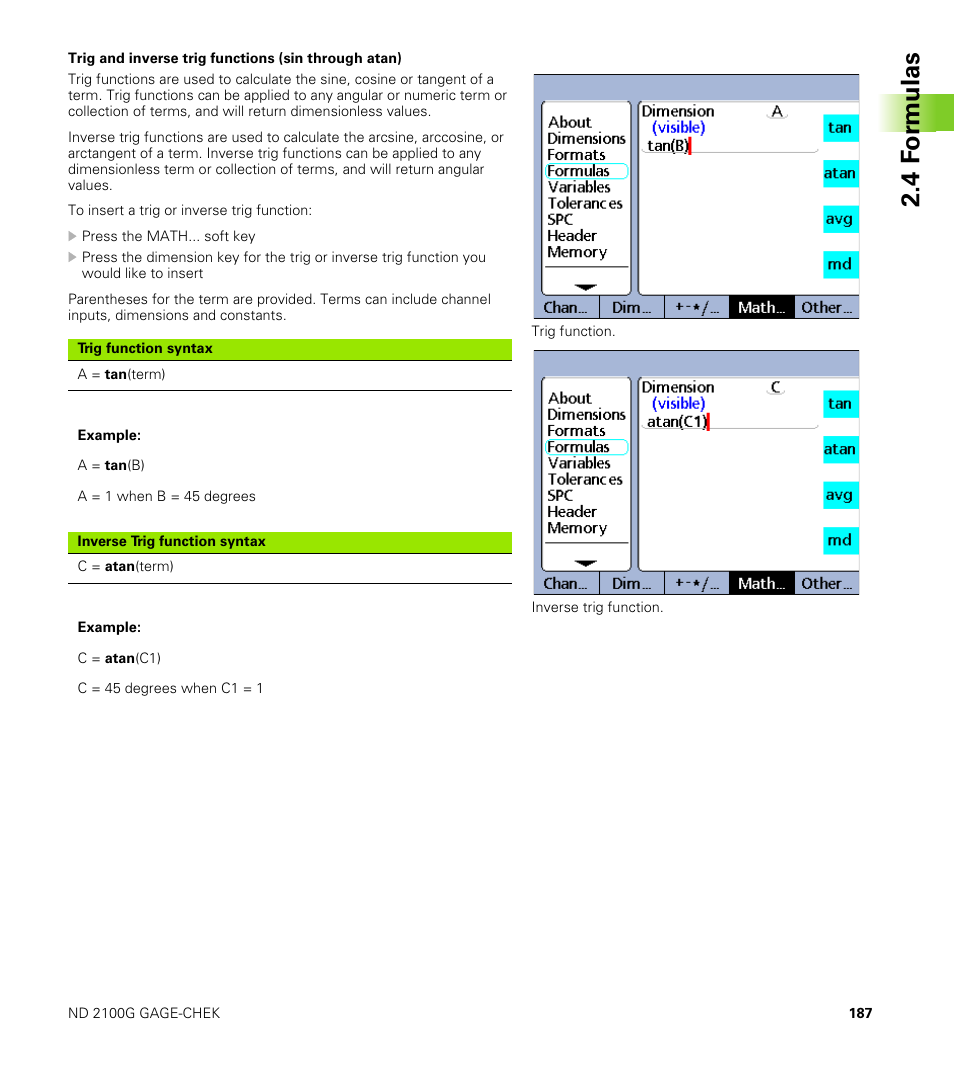 Trig and inverse trig functions (sin through atan), 4 f o rm ulas | HEIDENHAIN ND 2100G User Manual | Page 187 / 279