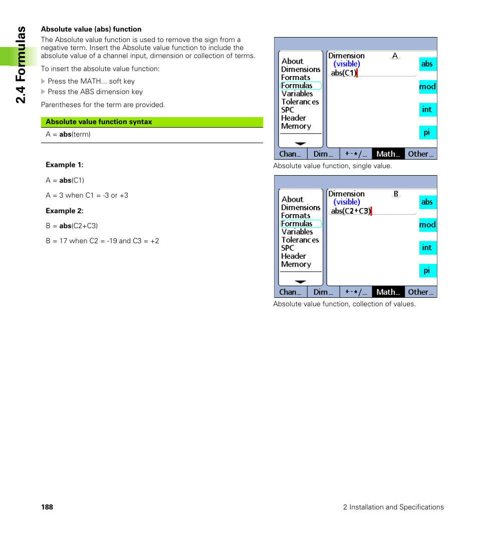 Absolute value (abs) function, 4 f o rm ulas | HEIDENHAIN ND 2100G User Manual | Page 188 / 279