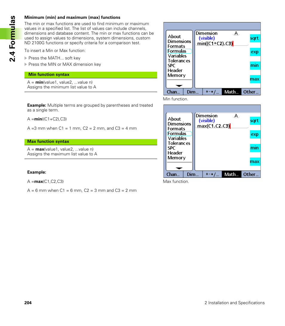 Minimum (min) and maximum (max) functions, 4 f o rm ulas | HEIDENHAIN ND 2100G User Manual | Page 204 / 279