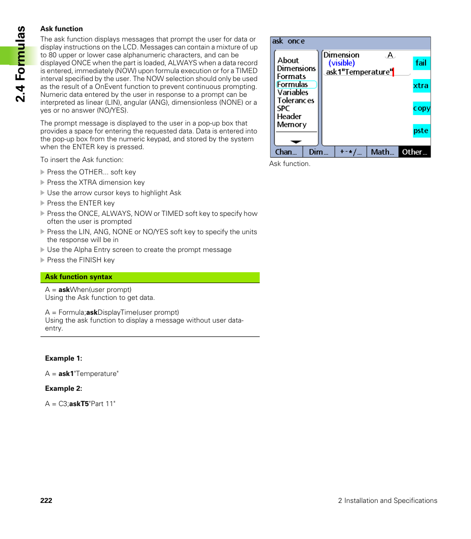 Ask function, 4 f o rm ulas | HEIDENHAIN ND 2100G User Manual | Page 222 / 279