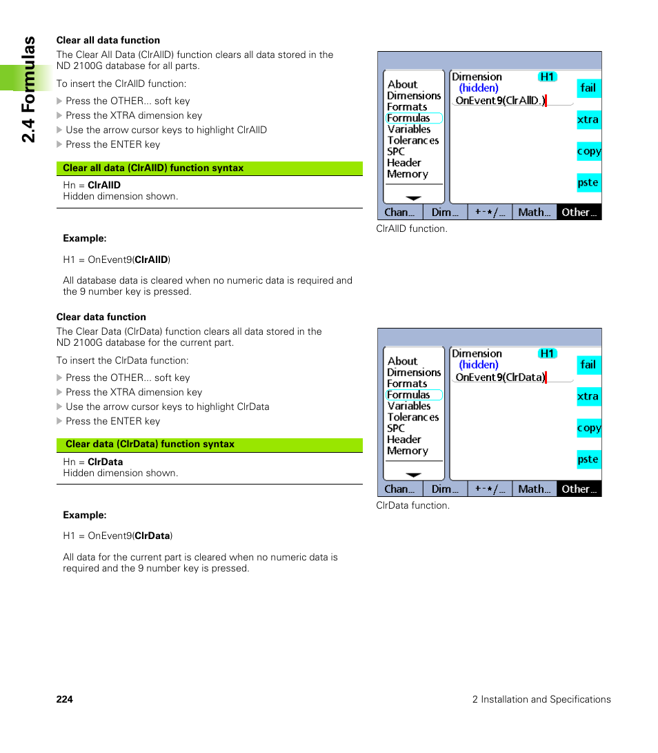 Clear all data function, Clear data function, 4 f o rm ulas | HEIDENHAIN ND 2100G User Manual | Page 224 / 279