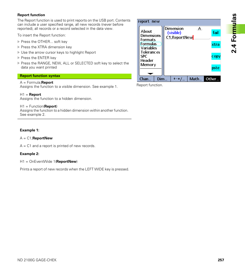 Report function, 4 f o rm ulas | HEIDENHAIN ND 2100G User Manual | Page 257 / 279