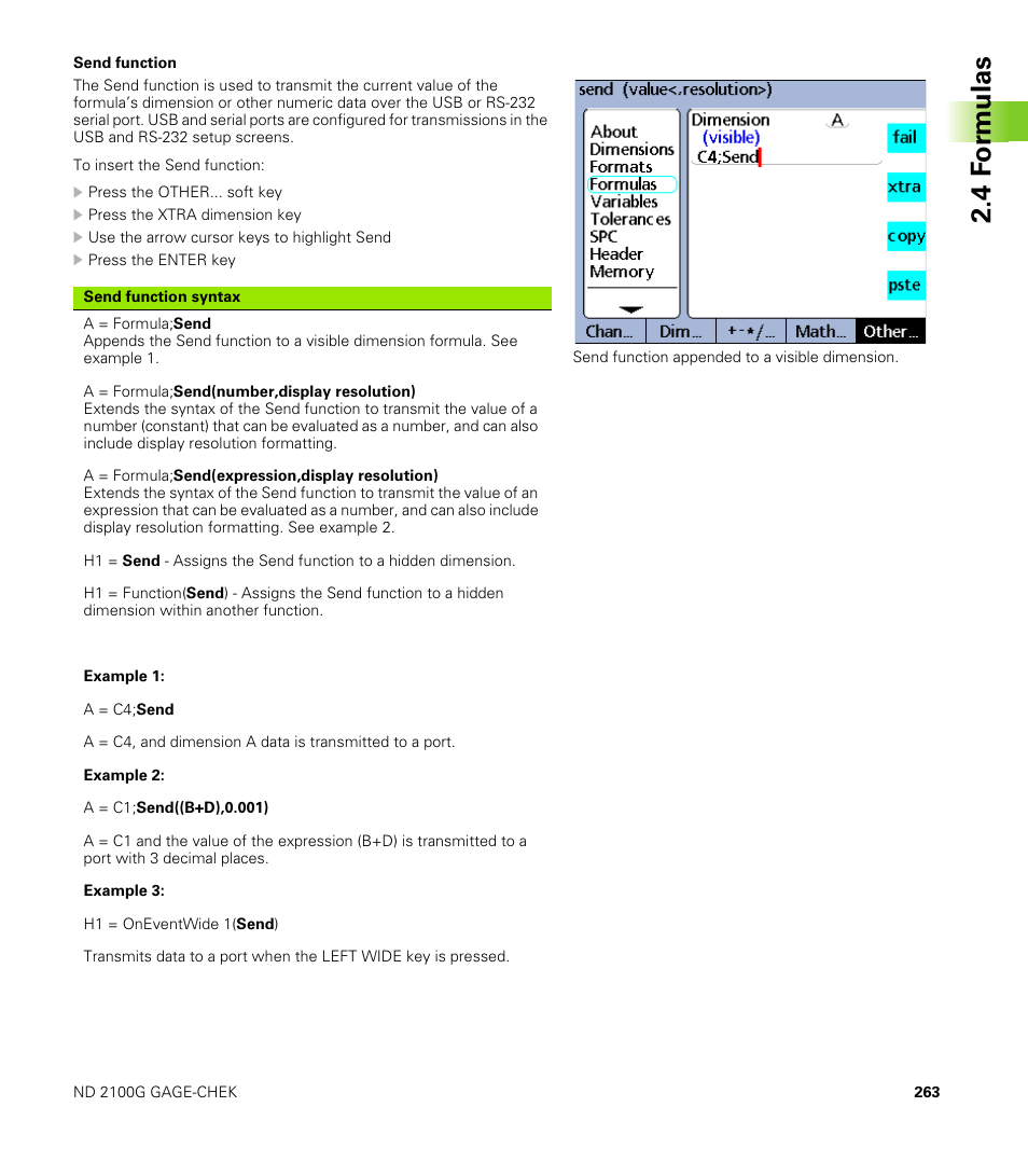 Send function, 4 f o rm ulas | HEIDENHAIN ND 2100G User Manual | Page 263 / 279