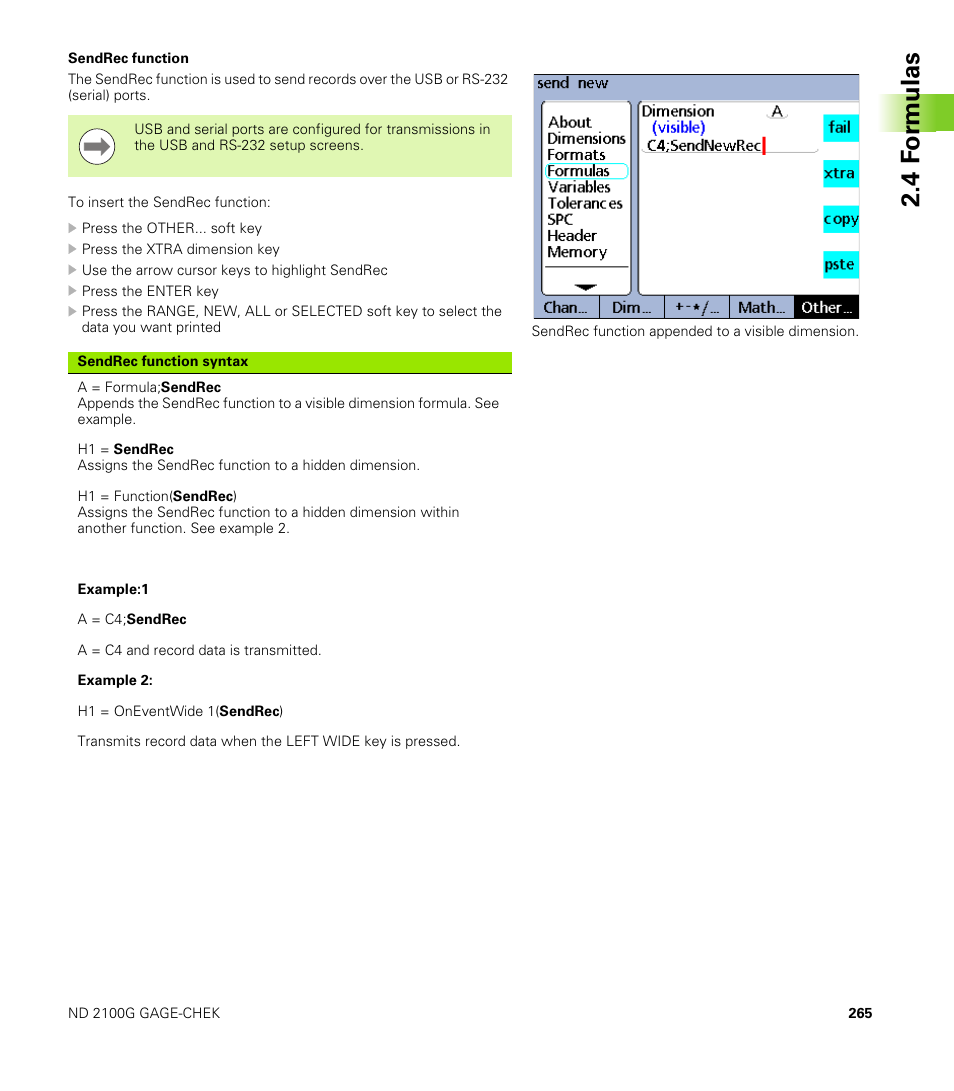 Sendrec function, 4 f o rm ulas | HEIDENHAIN ND 2100G User Manual | Page 265 / 279
