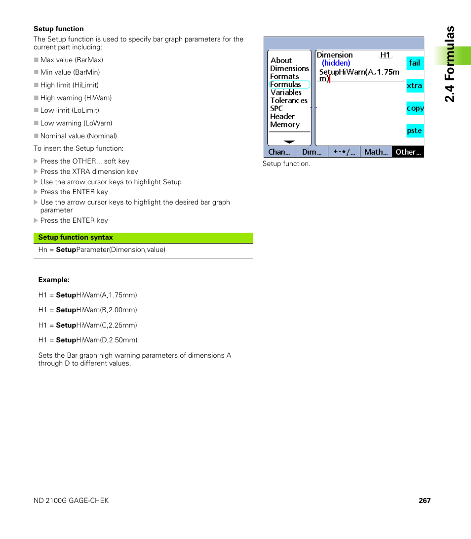 Setup function, 4 f o rm ulas | HEIDENHAIN ND 2100G User Manual | Page 267 / 279