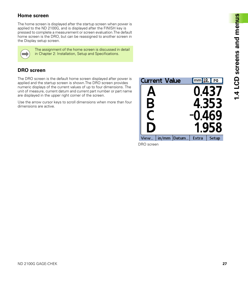 Home screen, Dro screen, 4 lcd scr eens and menus | HEIDENHAIN ND 2100G User Manual | Page 27 / 279