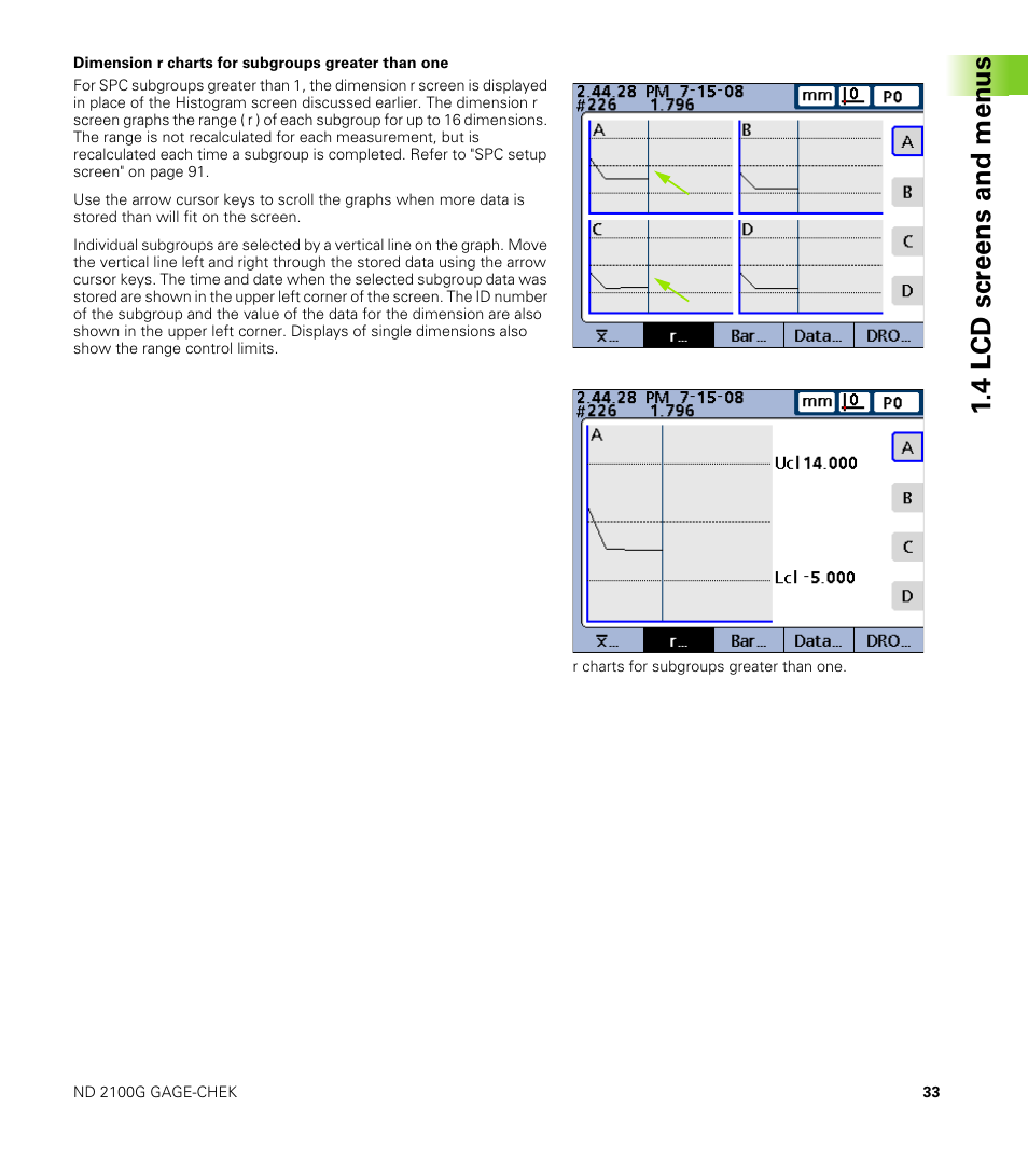Dimension r charts for subgroups greater than one, 4 lcd scr eens and menus | HEIDENHAIN ND 2100G User Manual | Page 33 / 279