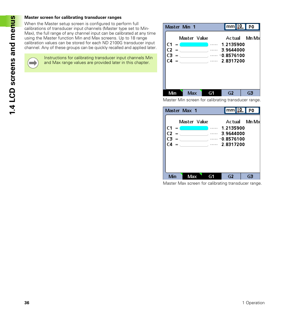Master screen for calibrating transducer ranges, 4 lcd scr eens and menus | HEIDENHAIN ND 2100G User Manual | Page 36 / 279