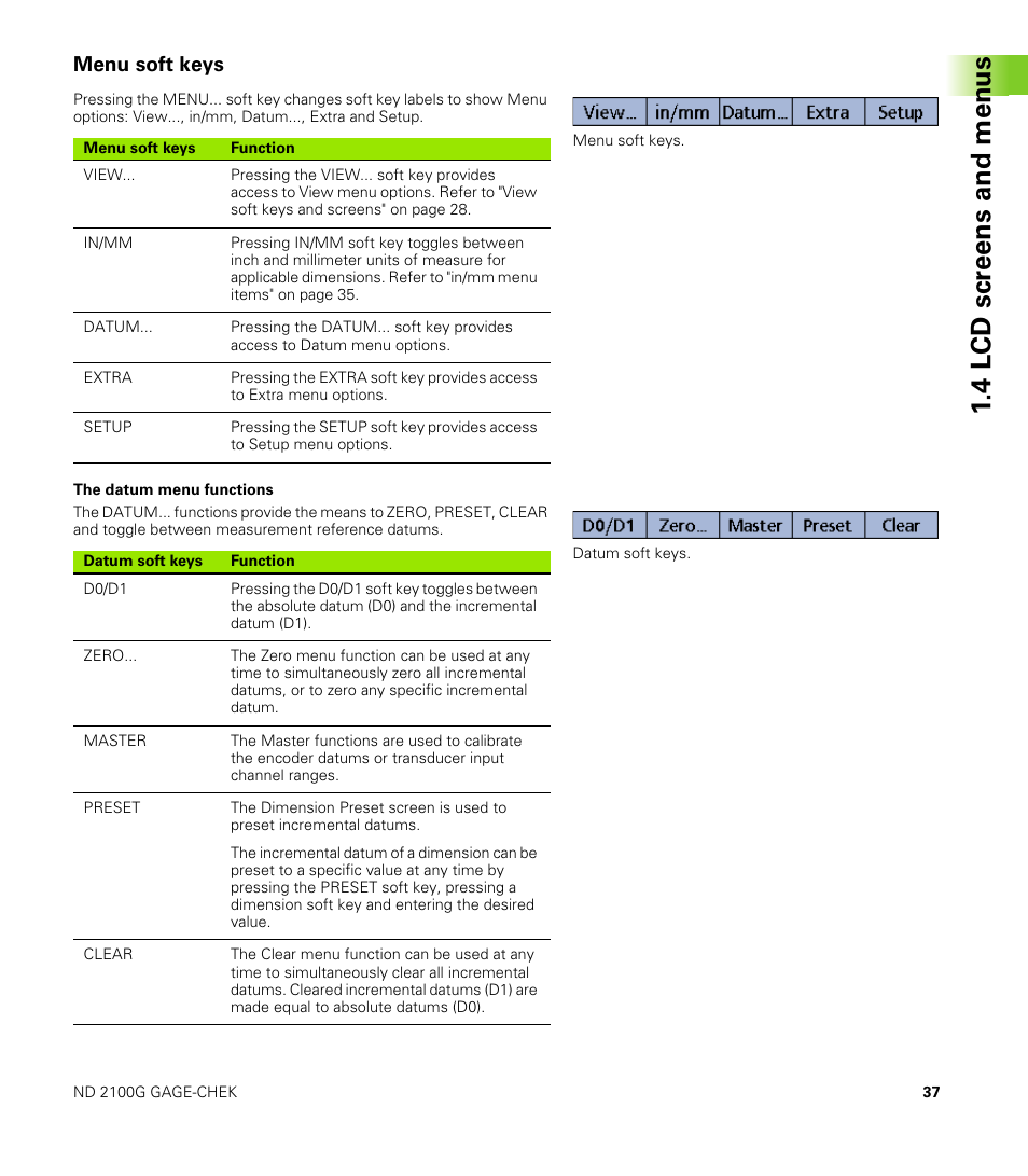 Menu soft keys, The datum menu functions, 4 lcd scr eens and menus | HEIDENHAIN ND 2100G User Manual | Page 37 / 279