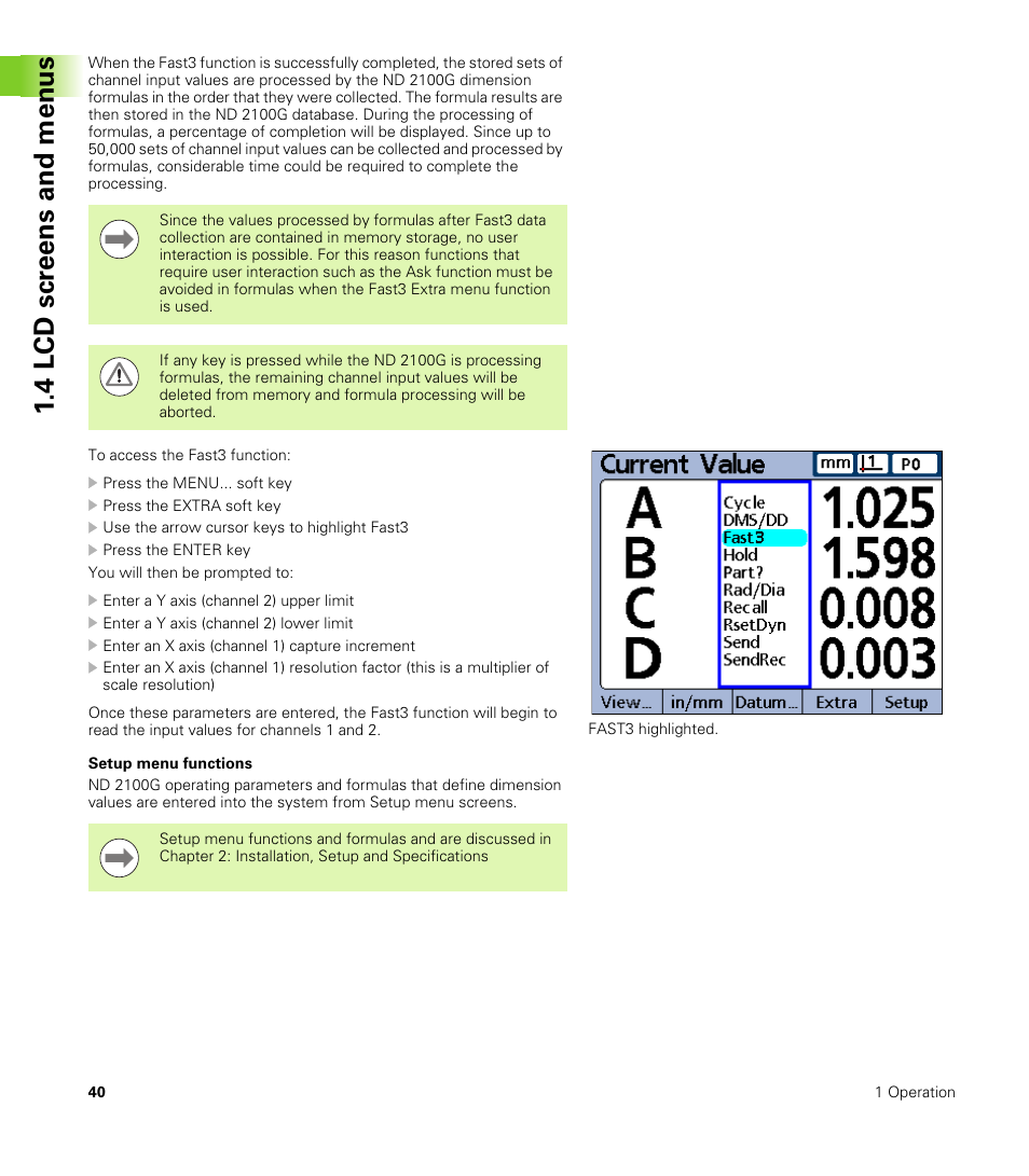 Setup menu functions, 4 lcd scr eens and menus | HEIDENHAIN ND 2100G User Manual | Page 40 / 279