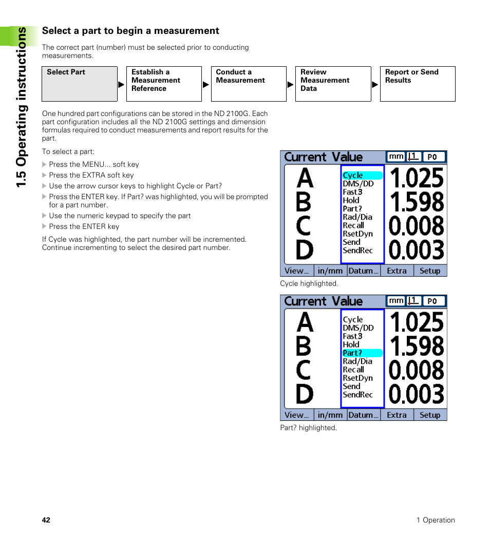 Select a part to begin a measurement, 5 oper ating instr u ctions | HEIDENHAIN ND 2100G User Manual | Page 42 / 279