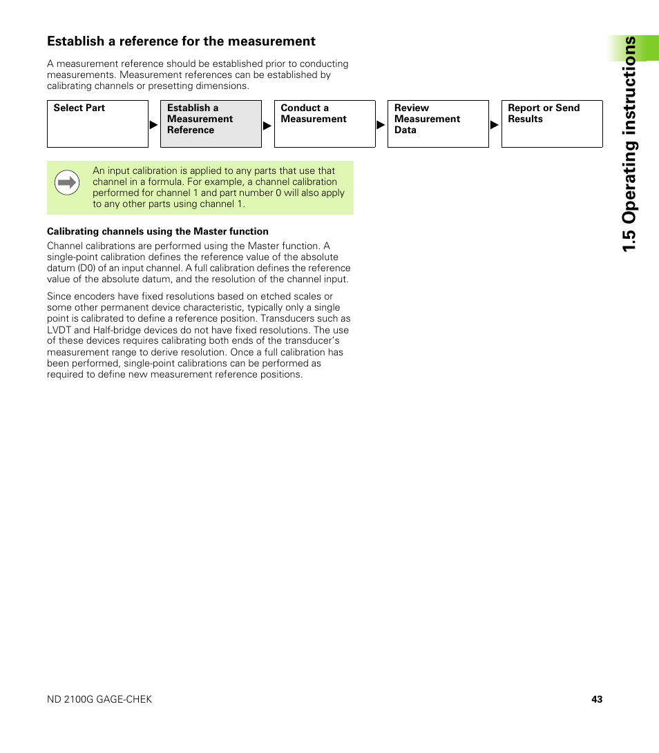 Establish a reference for the measurement, Calibrating channels using the master function, 5 oper ating instr u ctions | HEIDENHAIN ND 2100G User Manual | Page 43 / 279