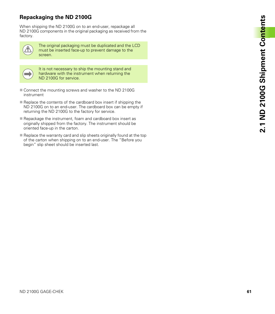 Repackaging the nd 2100g | HEIDENHAIN ND 2100G User Manual | Page 61 / 279