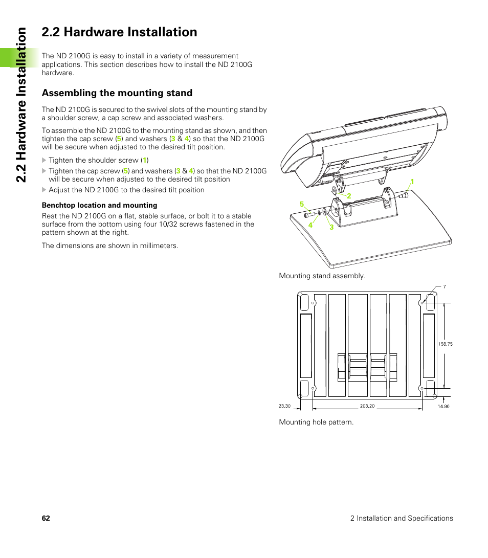 Assembling the mounting stand, Benchtop location and mounting | HEIDENHAIN ND 2100G User Manual | Page 62 / 279