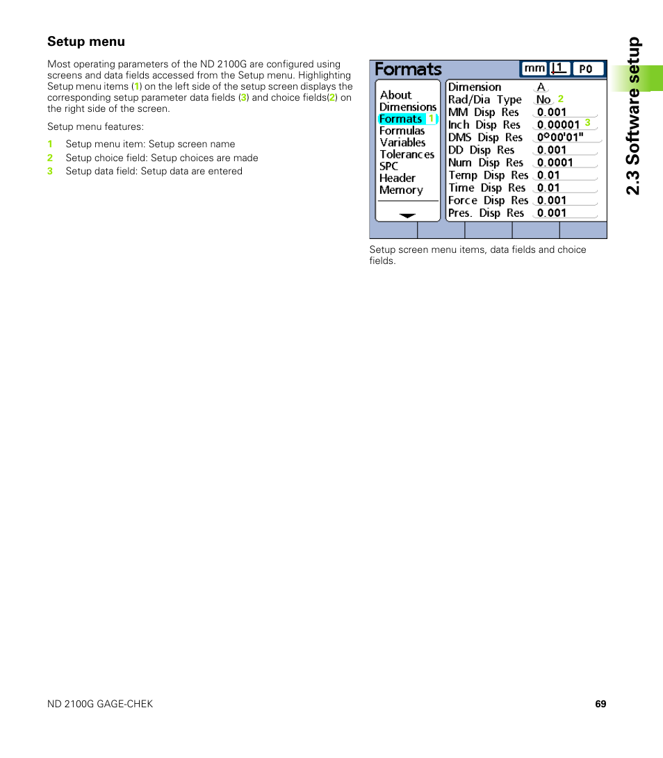 Setup menu, 3 s o ft wa re s e tu p | HEIDENHAIN ND 2100G User Manual | Page 69 / 279