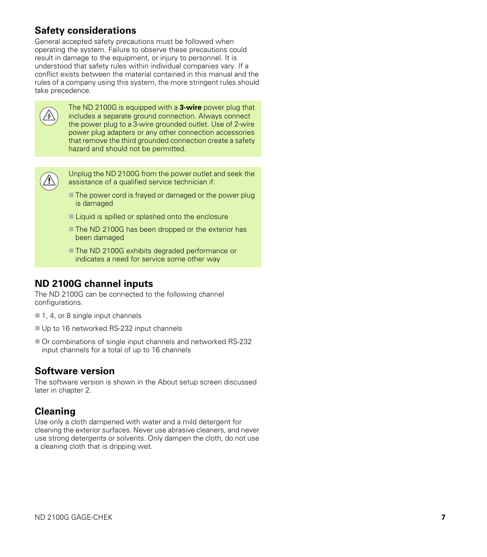 Safety considerations, Nd 2100g channel inputs, Software version | Cleaning | HEIDENHAIN ND 2100G User Manual | Page 7 / 279