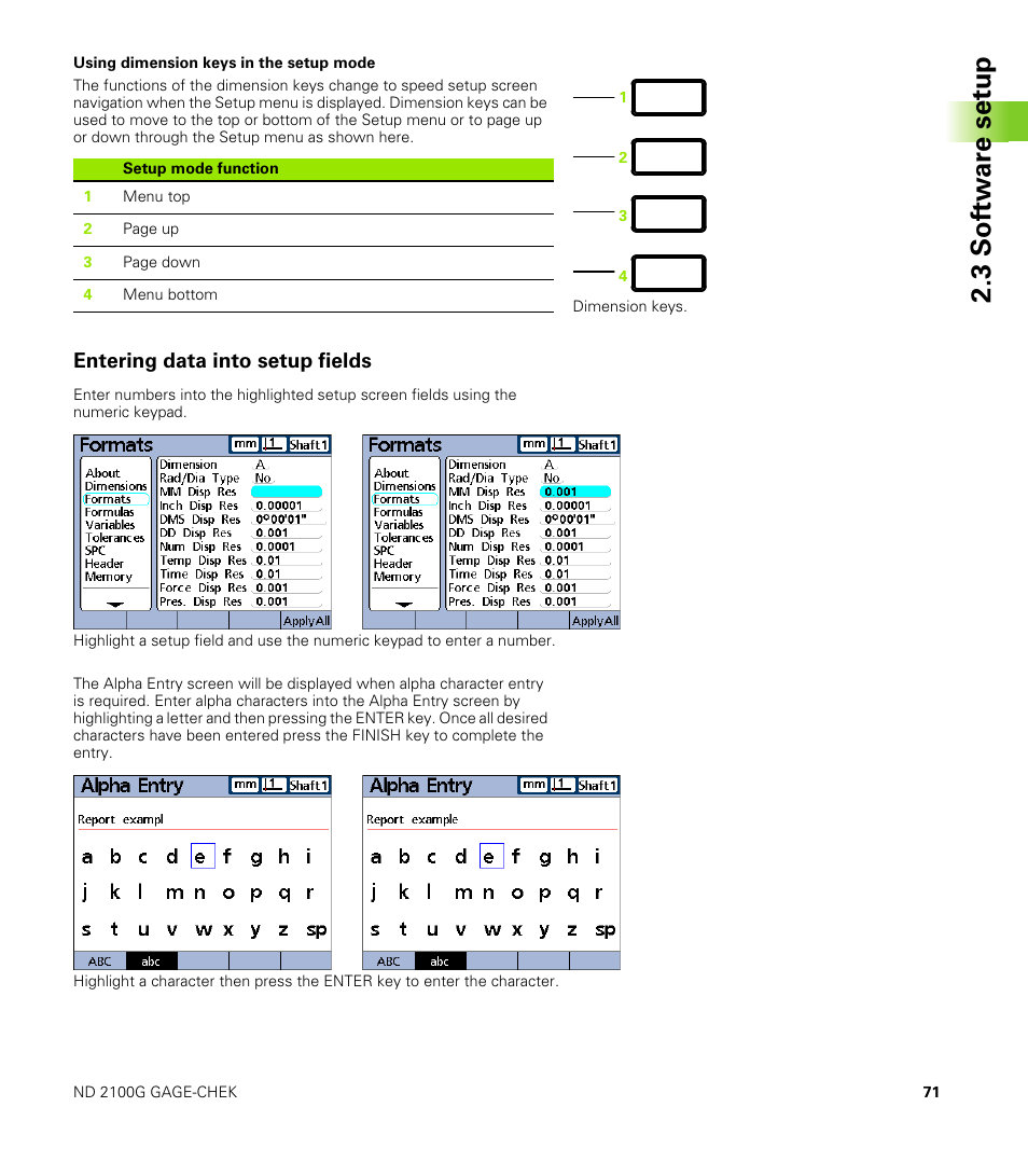 Using dimension keys in the setup mode, Entering data into setup fields, 3 s o ft wa re s e tu p | HEIDENHAIN ND 2100G User Manual | Page 71 / 279
