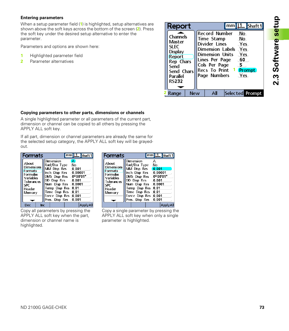 Entering parameters, 3 s o ft wa re s e tu p | HEIDENHAIN ND 2100G User Manual | Page 73 / 279