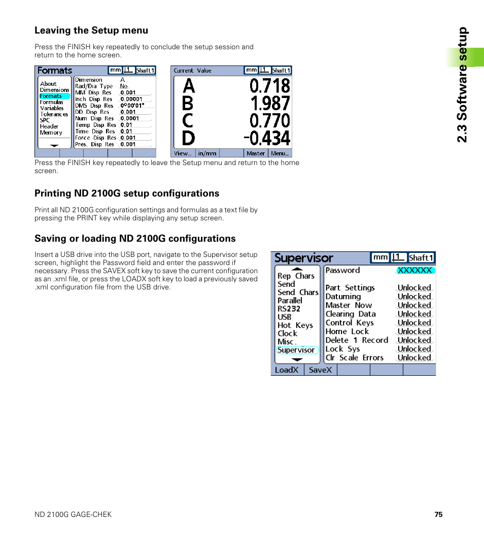 Leaving the setup menu, Printing nd 2100g setup configurations, Saving or loading nd 2100g configurations | 3 s o ft wa re s e tu p | HEIDENHAIN ND 2100G User Manual | Page 75 / 279