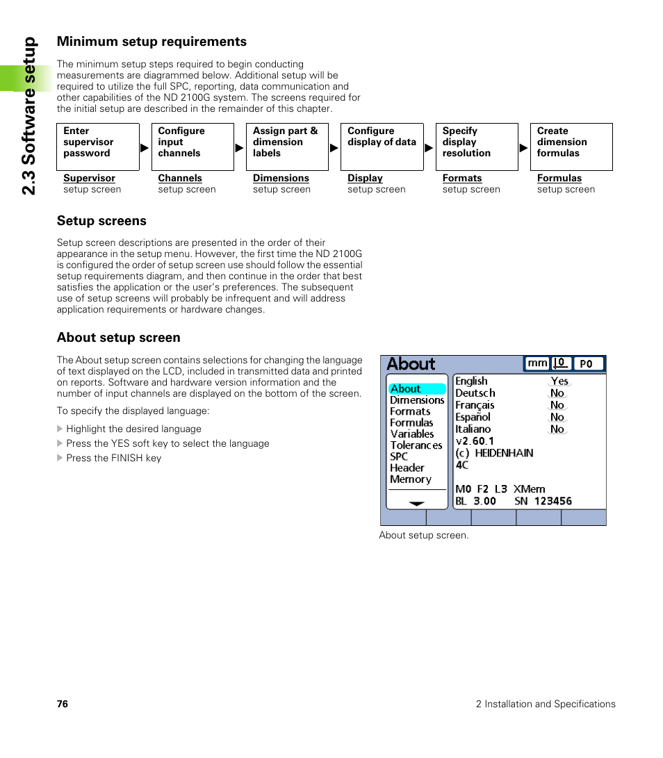 Minimum setup requirements, Setup screens, About setup screen | 3 s o ft wa re s e tu p | HEIDENHAIN ND 2100G User Manual | Page 76 / 279