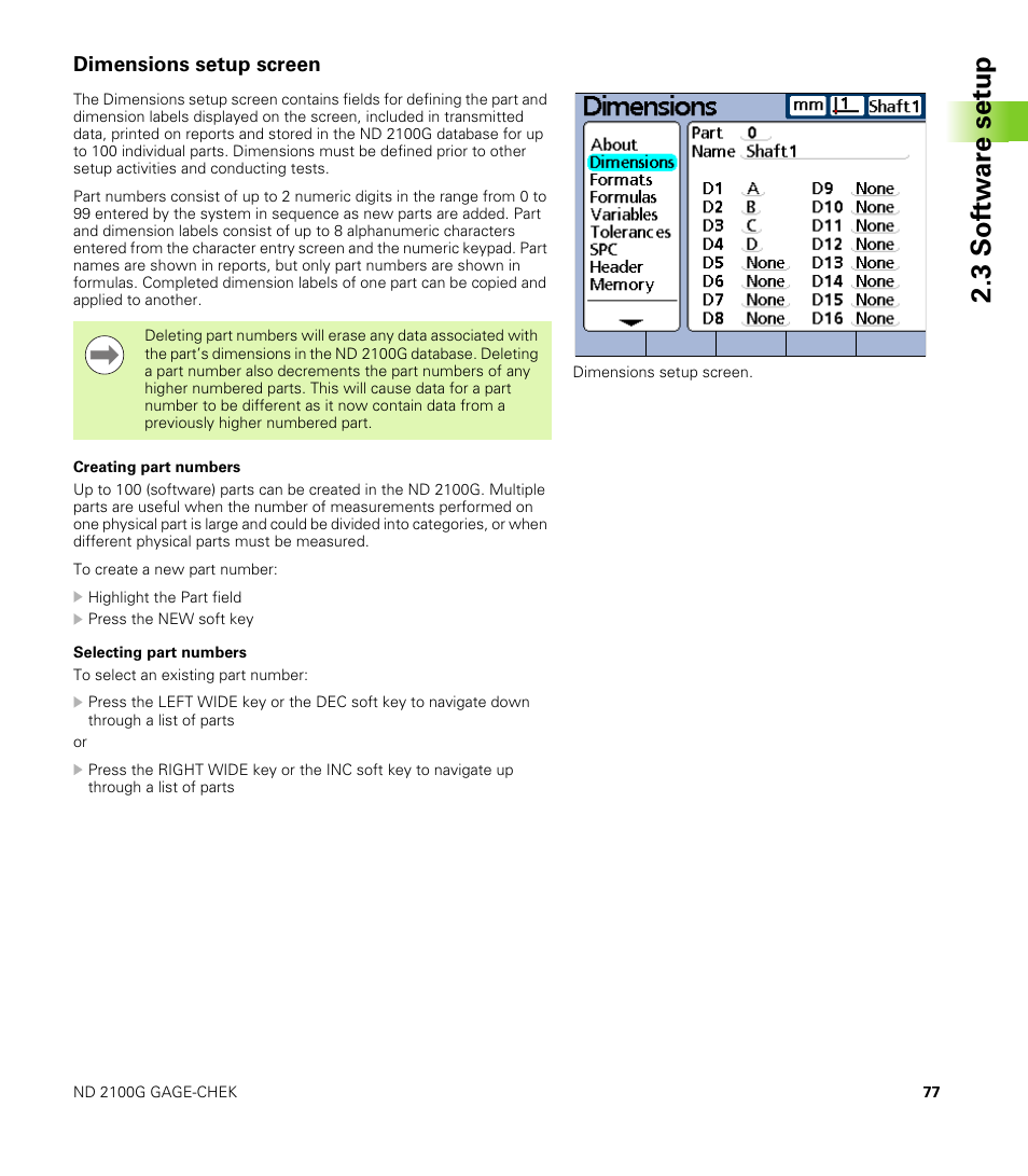 Dimensions setup screen, Creating part numbers, Selecting part numbers | 3 s o ft wa re s e tu p | HEIDENHAIN ND 2100G User Manual | Page 77 / 279