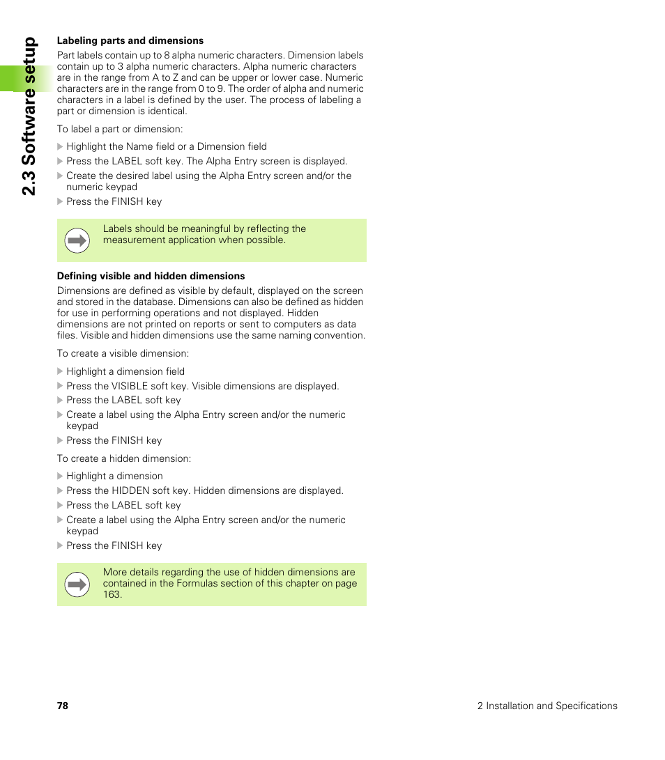 Labeling parts and dimensions, Defining visible and hidden dimensions, 3 s o ft wa re s e tu p | HEIDENHAIN ND 2100G User Manual | Page 78 / 279