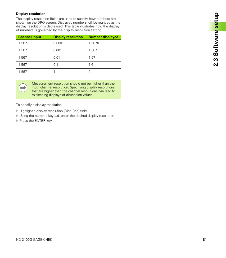 Display resolution, 3 s o ft wa re s e tu p | HEIDENHAIN ND 2100G User Manual | Page 81 / 279