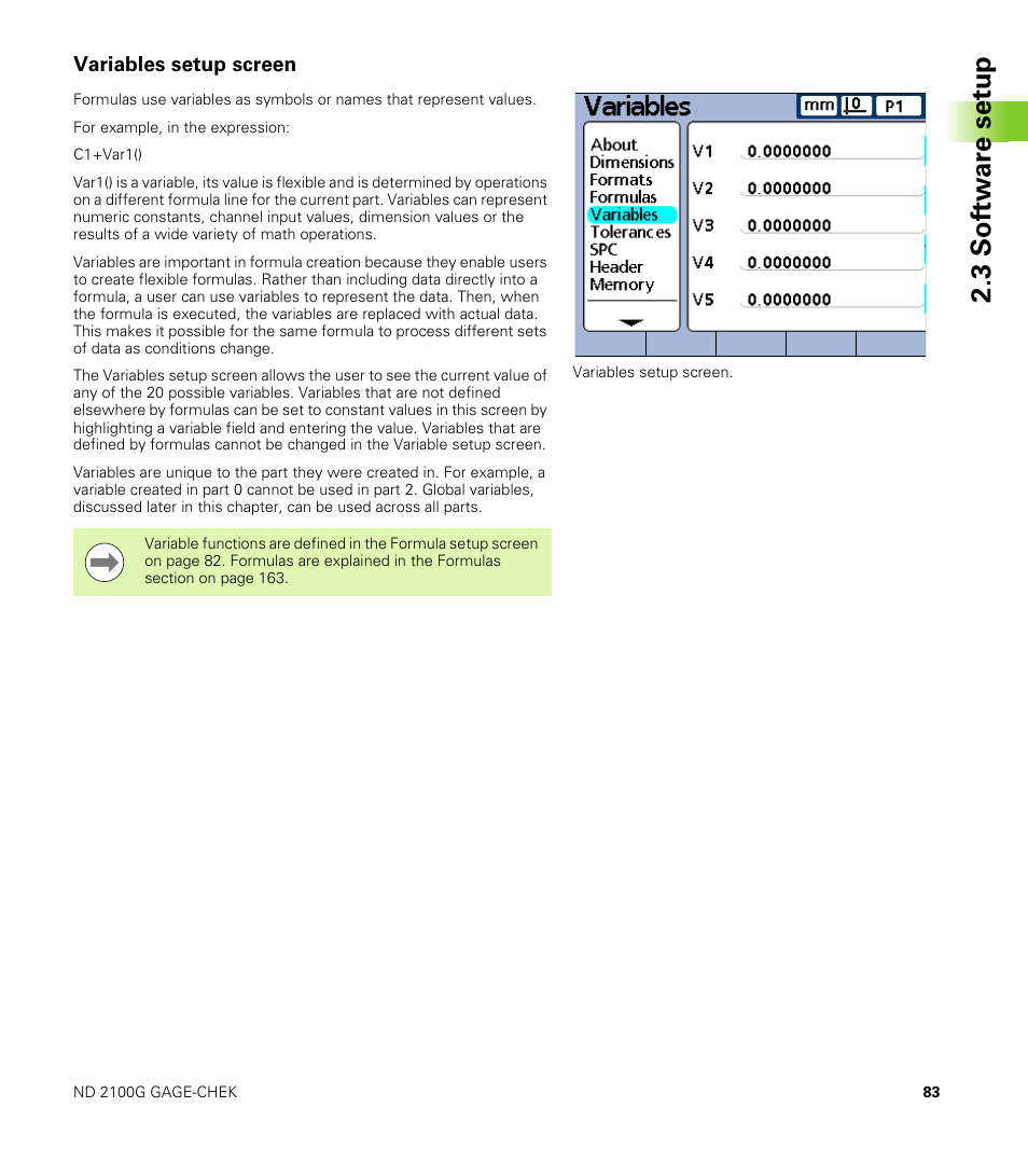 Variables setup screen, 3 s o ft wa re s e tu p | HEIDENHAIN ND 2100G User Manual | Page 83 / 279