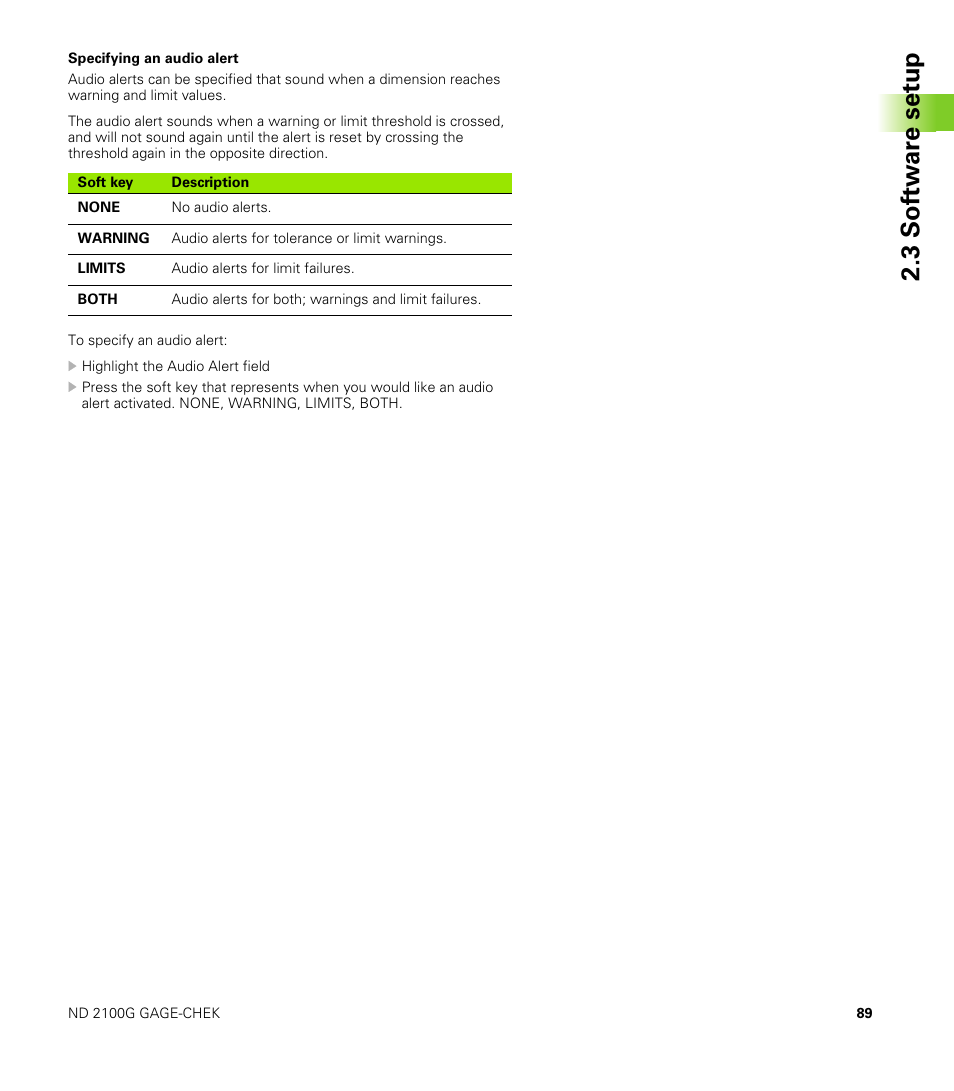 Specifying an audio alert, 3 s o ft wa re s e tu p | HEIDENHAIN ND 2100G User Manual | Page 89 / 279
