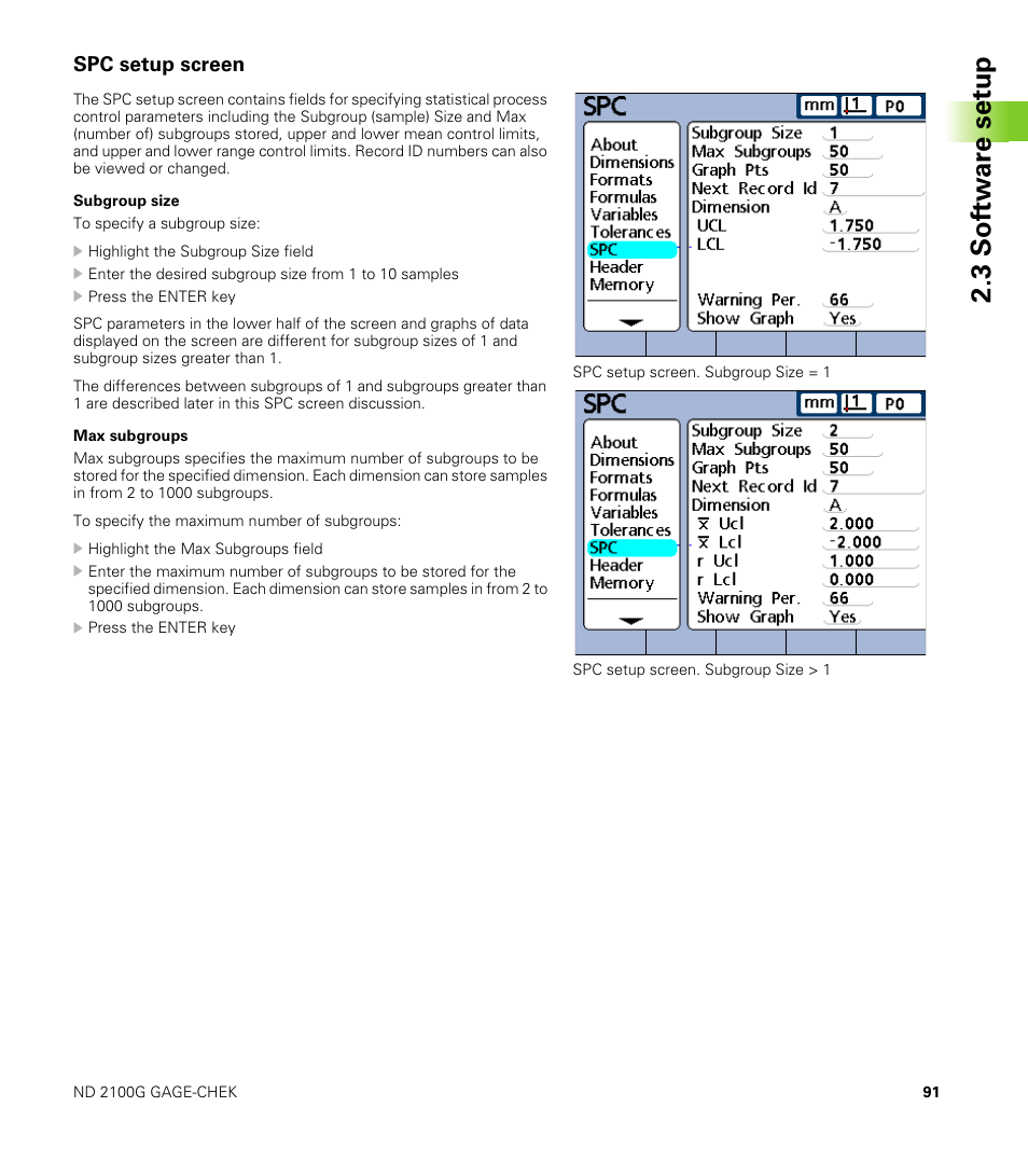 Spc setup screen, Subgroup size, Max subgroups | 3 s o ft wa re s e tu p | HEIDENHAIN ND 2100G User Manual | Page 91 / 279