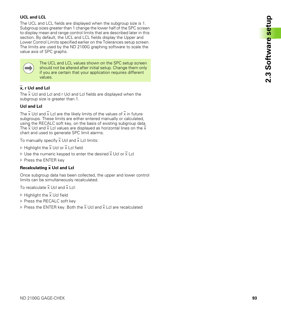 Ucl and lcl, X, r ucl and lcl, 3 s o ft wa re s e tu p | HEIDENHAIN ND 2100G User Manual | Page 93 / 279