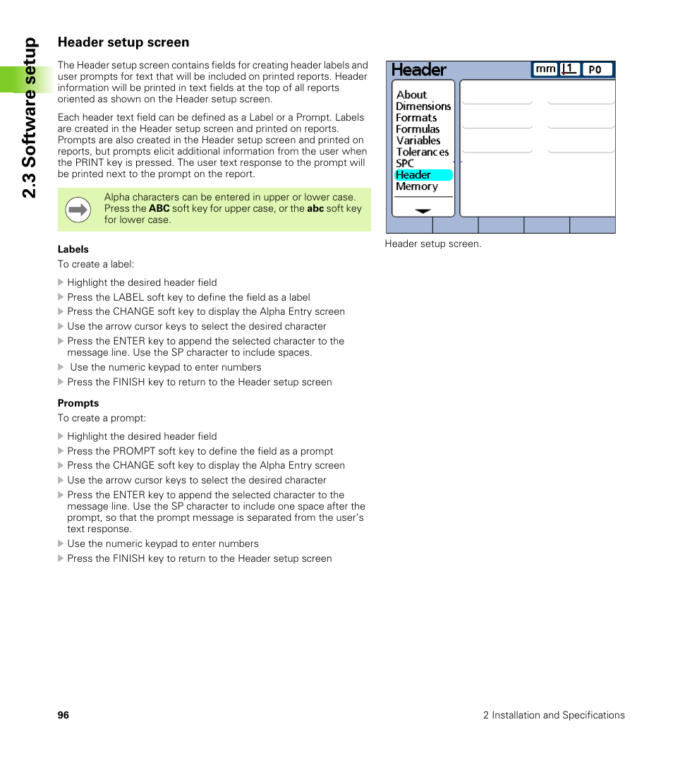 Header setup screen, Labels, Prompts | 3 s o ft wa re s e tu p | HEIDENHAIN ND 2100G User Manual | Page 96 / 279