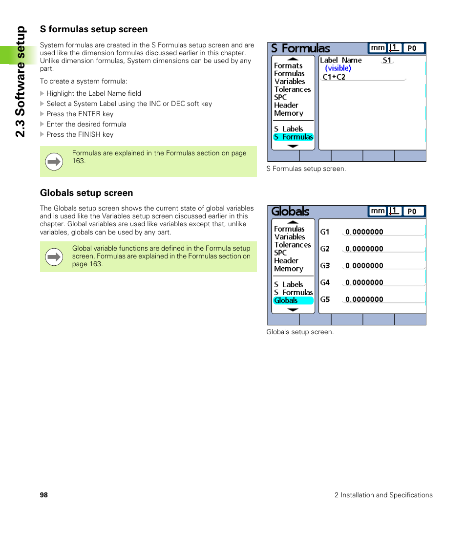 S formulas setup screen, Globals setup screen, 3 s o ft wa re s e tu p | HEIDENHAIN ND 2100G User Manual | Page 98 / 279