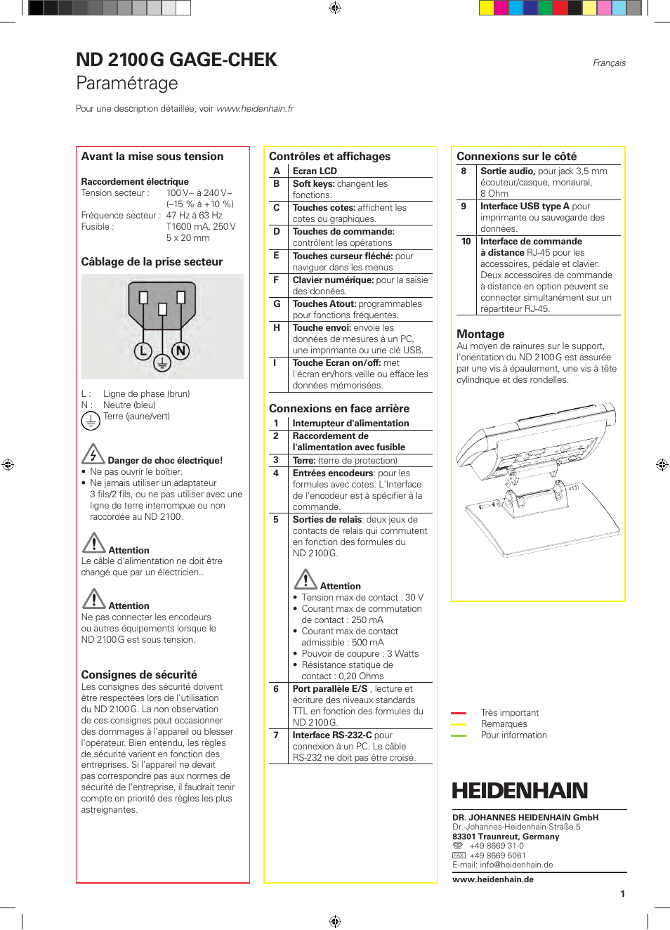 03_nd2100g_fr, Nd 2100 g gage-chek, Paramétrage | HEIDENHAIN ND 2100G Quick Start User Manual | Page 11 / 60