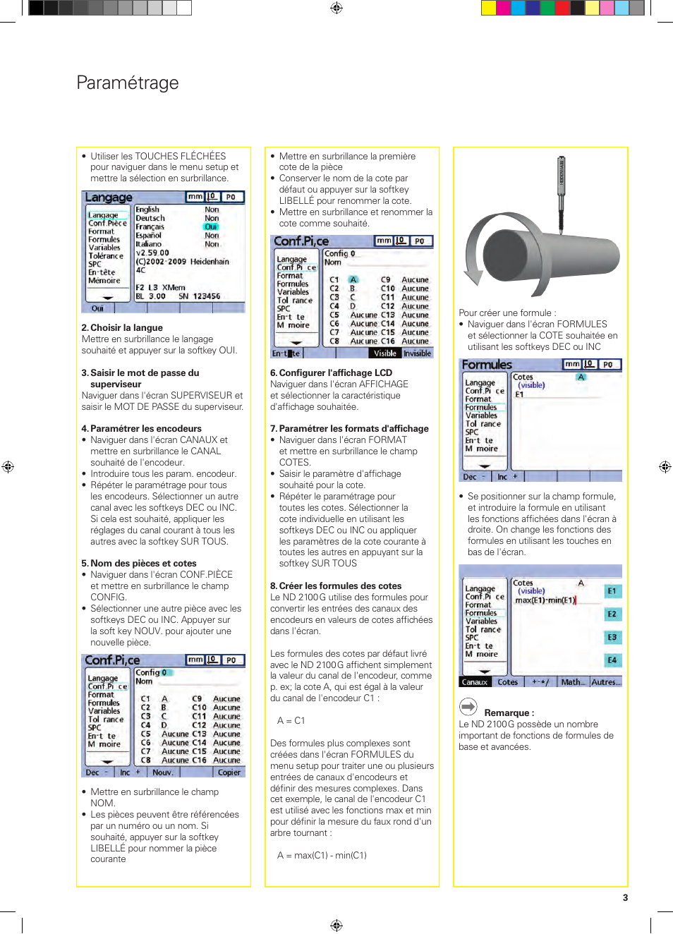 Paramétrage | HEIDENHAIN ND 2100G Quick Start User Manual | Page 13 / 60