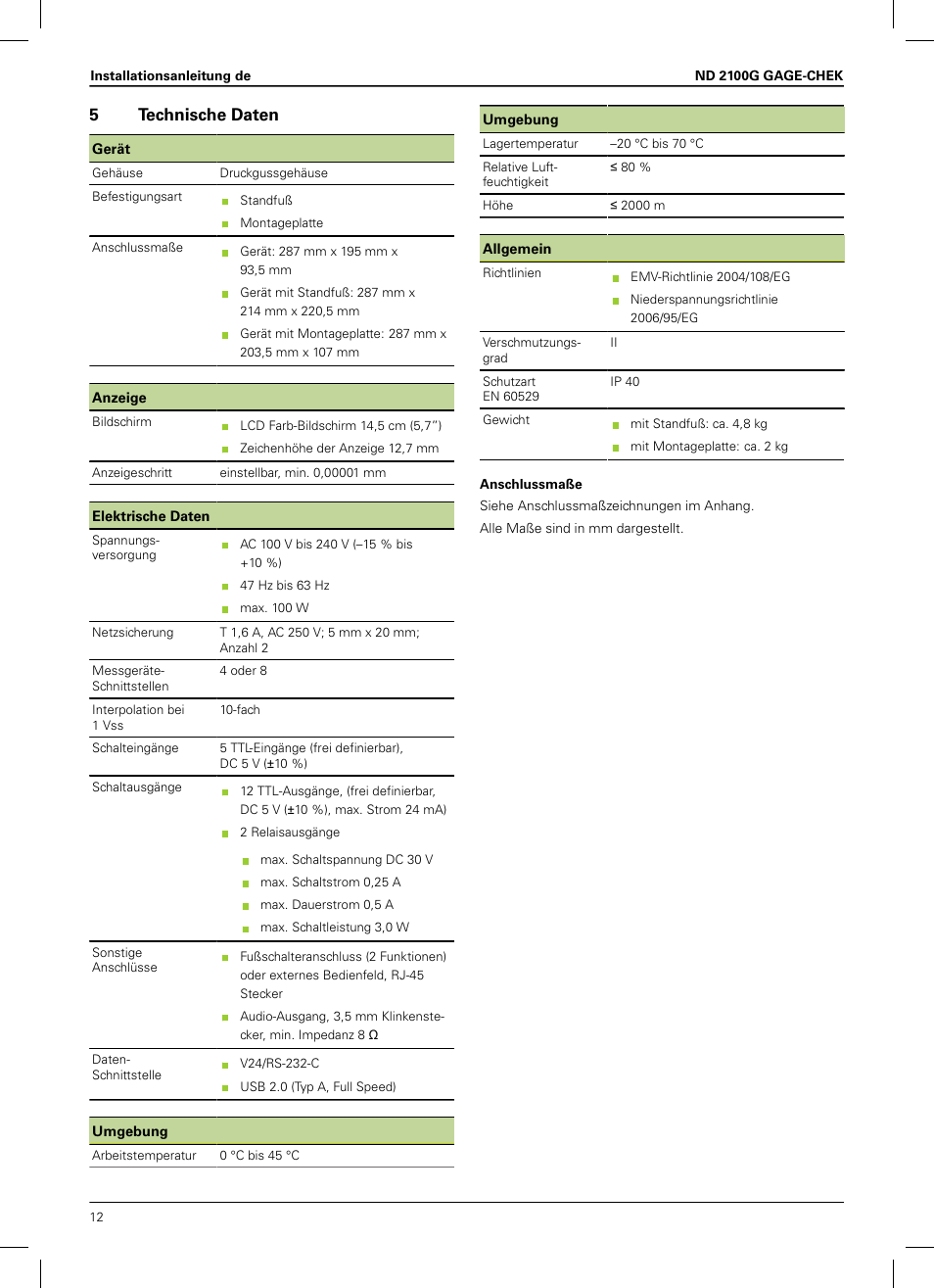 5 technische daten, Hluss siehe, Technische daten", seite 12 | Hluss siehe "technische, Daten", seite 12, 5technische daten | HEIDENHAIN ND 2100G Installation User Manual | Page 10 / 108