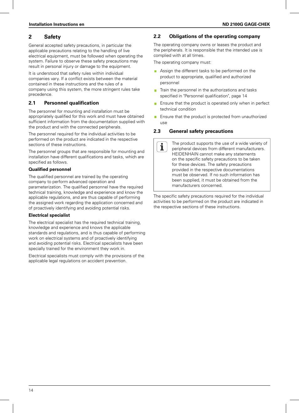 2safety | HEIDENHAIN ND 2100G Installation User Manual | Page 12 / 108