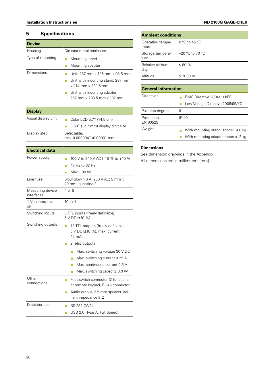 5specifications | HEIDENHAIN ND 2100G Installation User Manual | Page 18 / 108