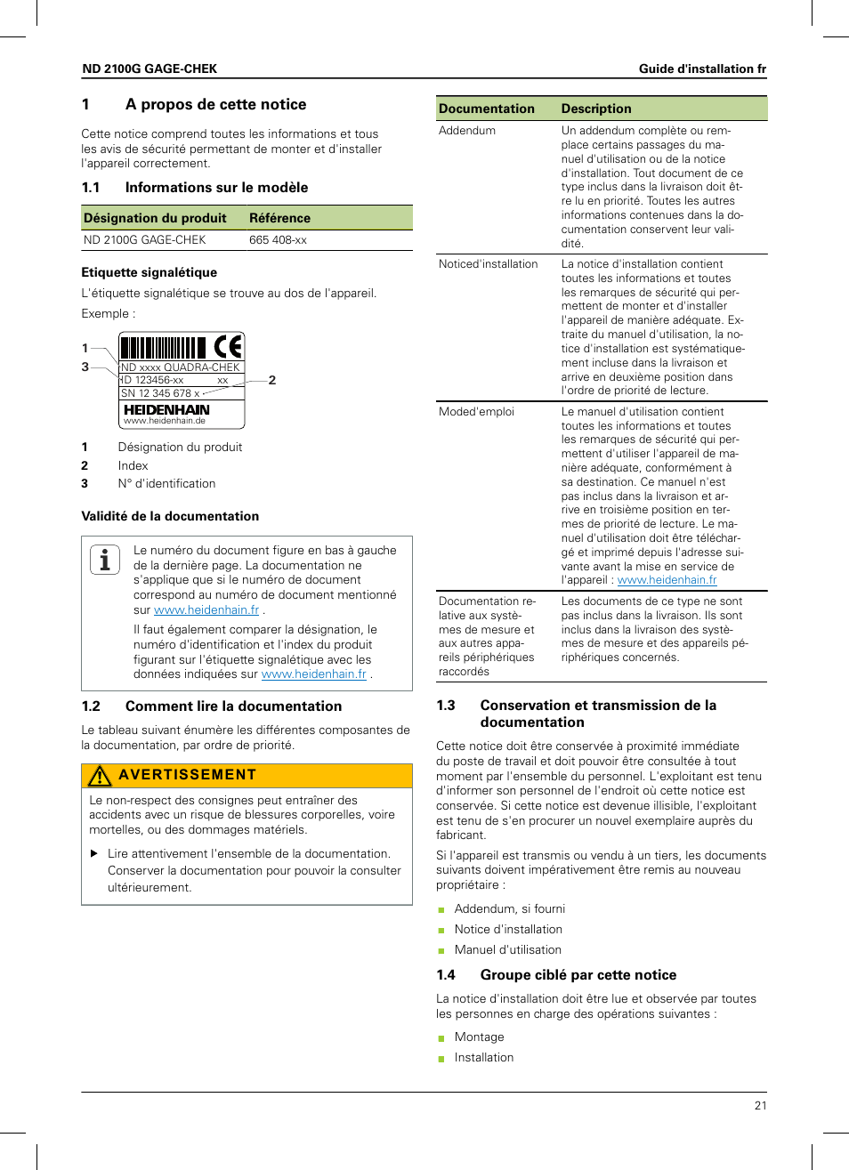1 a propos de cette notice, 1 informations sur le modèle, 2 comment lire la documentation | 3 conservation et transmission de la documentation, 4 groupe ciblé par cette notice, 1a propos de cette notice | HEIDENHAIN ND 2100G Installation User Manual | Page 19 / 108