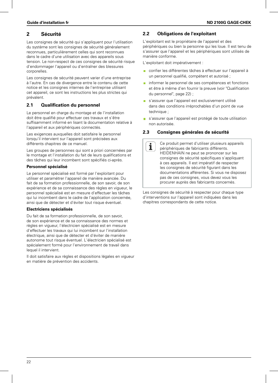 2 sécurité, 1 qualification du personnel, 2 obligations de l'exploitant | 3 consignes générales de sécurité, 2sécurité | HEIDENHAIN ND 2100G Installation User Manual | Page 20 / 108